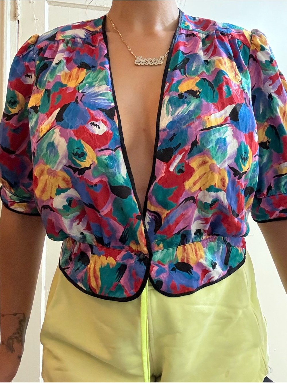 26 International Bright Multicolor Floral Cropped Blouse with Black Trim